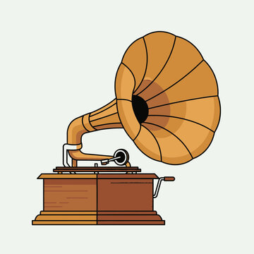 Retro vintage gramophone sound equipment illustration featuring classic wooden base and large decorative metallic horn with stylized vector illustration