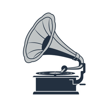 Vintage gramophone record player illustration featuring retro audio equipment design in minimalist flat vector graphic style with gramophone