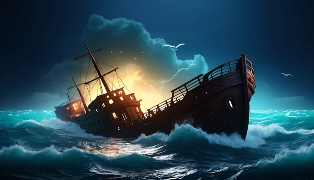 Sinking ship in turquoise storm waves