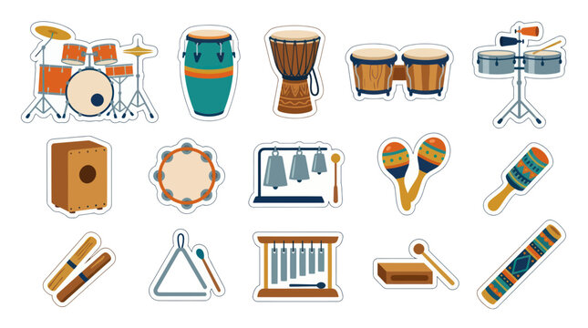 Flat Design Vector Stickers of Various Percussion Musical Instruments