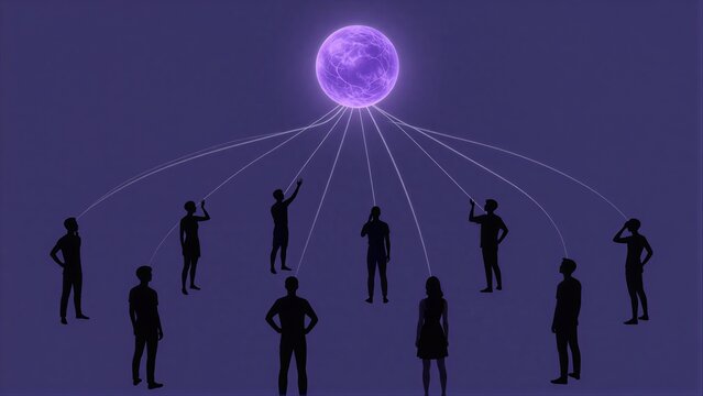 Silhouettes connect to glowing purple sphere, symbolizing unity or global connection.