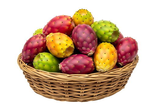 Assortment of ripe prickly pear cactus fruits in various colors and sizes, arranged in a woven basket on a white background.
