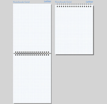 Proportional notebook sheets shows silver side coils, white blue grid surface, neat perimeter, soft shadow, grey backdrop. For printable stationery, education, office writing, notes, planning