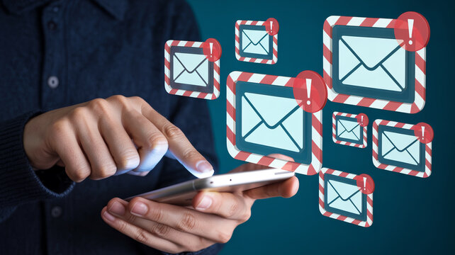 Man uses smartphone with many email notifications popping up on dark background close up.
