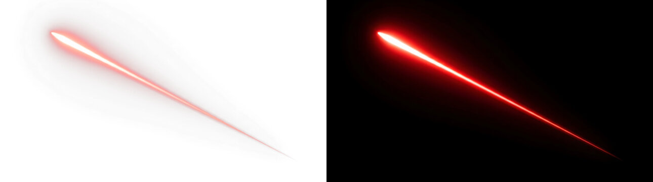 Vibrant red laser light beam streak featuring sharp tapered edges and intense glowing energy effect shown on transparent background
