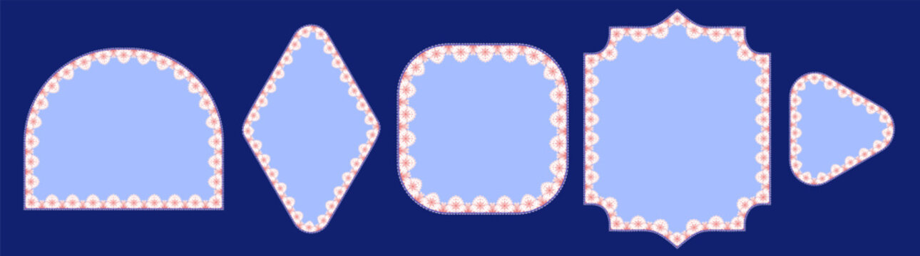 Ivory floral crochet borders wrap violet horizontal oval, cross, arch, six-lobed flower plus square frames on clean ground as vintage trim set for wedding invitation labels or menu designs.