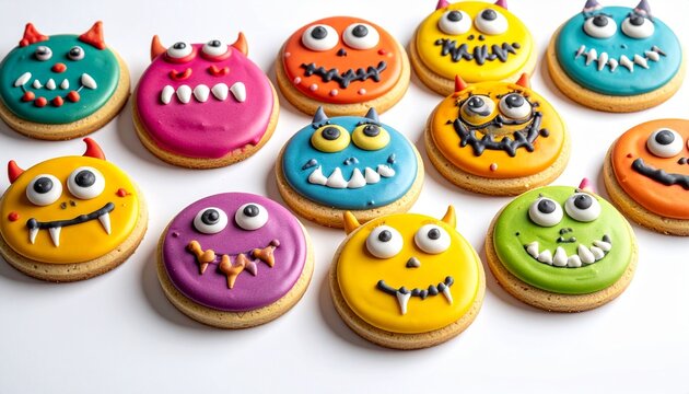 Spooky monster cookies with colorful icing and candy eyes sit on a clean white background.