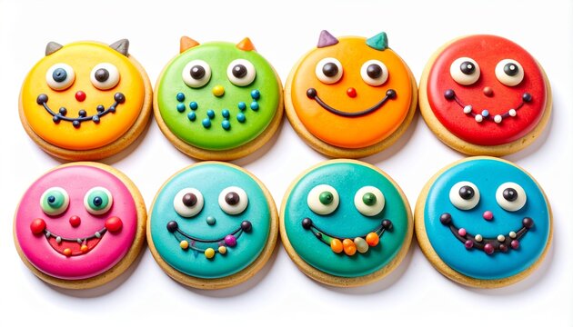 Monster cookies decorated with colorful icing display funny faces on a white background.