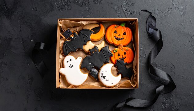 Halloween iced cookies shaped like bats and pumpkins are packed in a cardboard box on dark background.