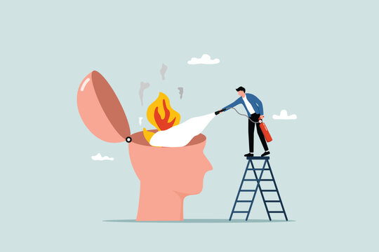 A therapeutic concept for calming a burning mind and alleviating mental fatigue and depression. Addressing anxiety and stress. A man uses a fire extinguisher to put out a blazing fire on his head.