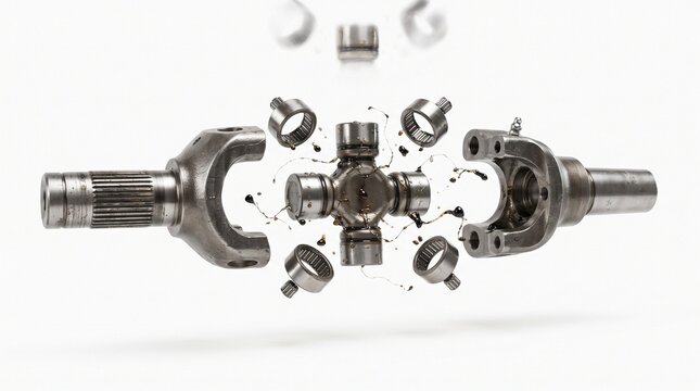 Universal joint mechanism is disassembled in an exploded view showing the cross pin yokes and needle bearings against a plain background.