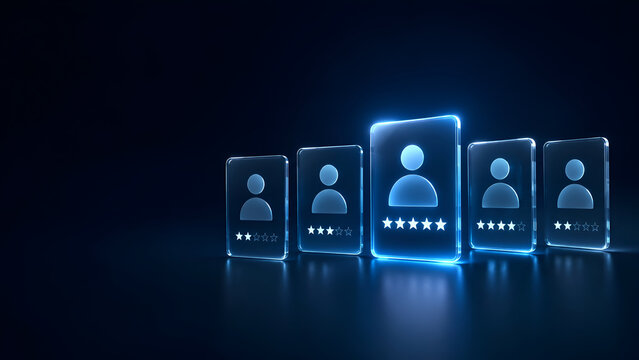 Talent recruitment candidate evaluation profile cards with star rating glowing interface for top candidate selection