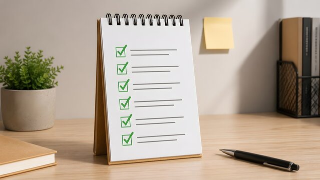 Spiral notebook with green checklist on wooden desk beside pen. Concept of project management, daily task organization, and business goal tracking.