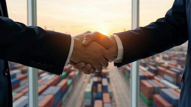 Export tariff concept , Business handshake with container port sunset and rising graph symbolizing