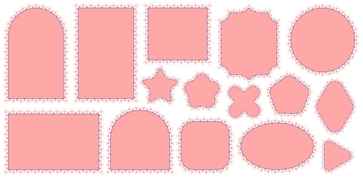 Pink garden lace floral crochet borders wrap star, ornate shield, horizontal rectangle, oval plus cross frames on plum as vintage textile trim set for wedding invitation labels or romantic stationery.