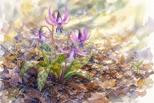 Nodding Violet Dogtooth Lily Flowers on Spring Forest Floor Watercolor Landscape for Nature Blog and Seasonal Article