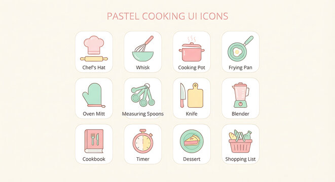A set of twelve pastel colored cooking and kitchen UI icons in rounded square frames for design.