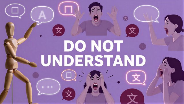 Wooden figure stands beside confused people, surrounded by speech bubbles and "DO NOT UNDERSTAND" text.