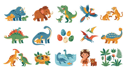 Obraz premium Cute Cartoon Dinosaurs and Prehistoric Animals Vector Illustration