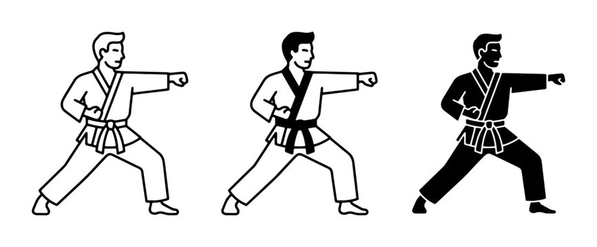 Martial Arts Karate Fighter, Karateka Punching, Martial Arts Icon Set, Combat Sports Silhouette, Karate Action Poses, Dynamic Fighter Illustrations, Black Belt Training