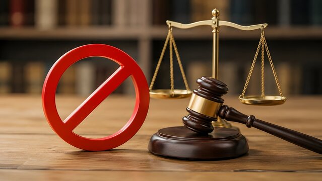 Red prohibited sign near wooden judge gavel and brass scales. Concept of legal restriction law, judicial court injunction, and litigation penalty.