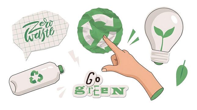 Zero Waste Eco-Friendly Vector Collage with Green Recycling Symbols, Sustainable Ideas, Plant Lightbulb, Reusable Bottle, and Go Green Typography.