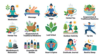 Fototapeta premium Wellness and Self-Care Icons: Meditation, Yoga, Herbal Tea, Flat Style