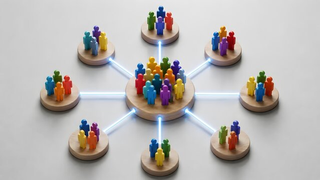 Wooden figures on connected circular platforms with glowing network lines. Concept of human resources structure and corporate team collaboration.