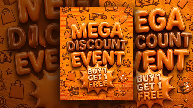 Vibrant orange promotional poster showcasing mega discount event with buy one get one free offer with three dimensional promotional orange background metallic