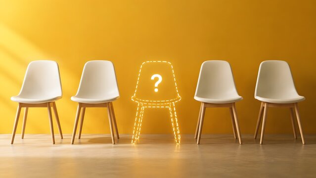 White chairs in a row with glowing neon outline chair and question mark. Concept of HR recruitment interview, job vacancy, and employment opportunity mockup.