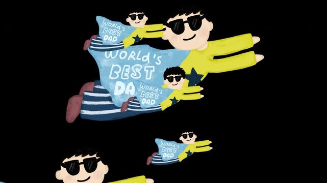 Alpha channel transparent transition video Cute hand drawn watercolor crayon world best dad superhero flying cartoon doodle illustration animation happy fathers day