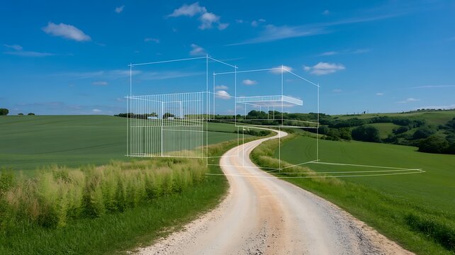Architectural Planning and Land Surveying Concept &ndash; Wireframe House Overlay on Rural Country Road