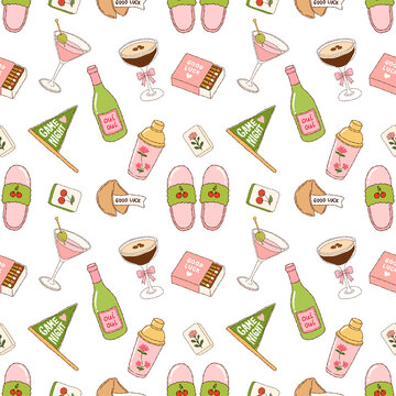 Coquette Game Night Seamless Pattern with Cocktails Mahjong Tiles Matches and Slippers on White Background