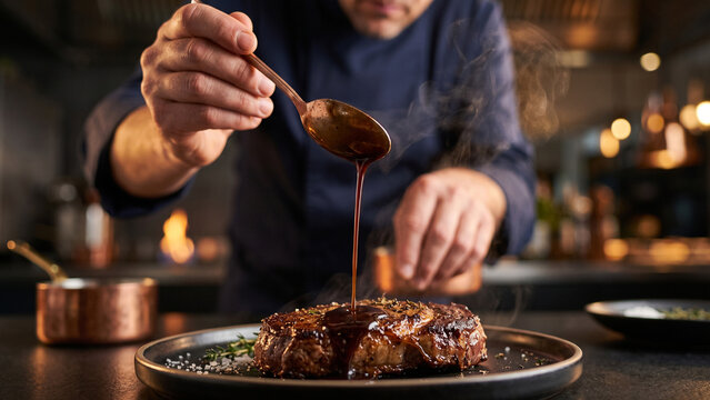 Chef basting steaming ribeye steak with jus reduction sauce.