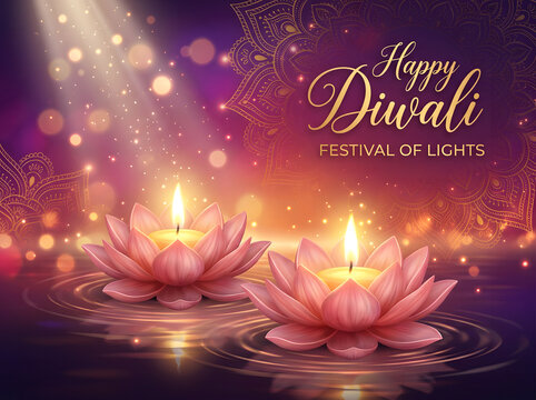 Happy Diwali festival of lights background with glowing lotus candles on water surface