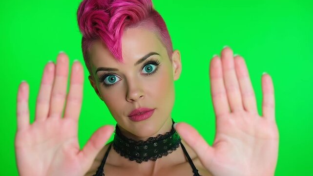 Woman with mohawk and pink color hairstyle, gesturing stop with exuding calmness and focus