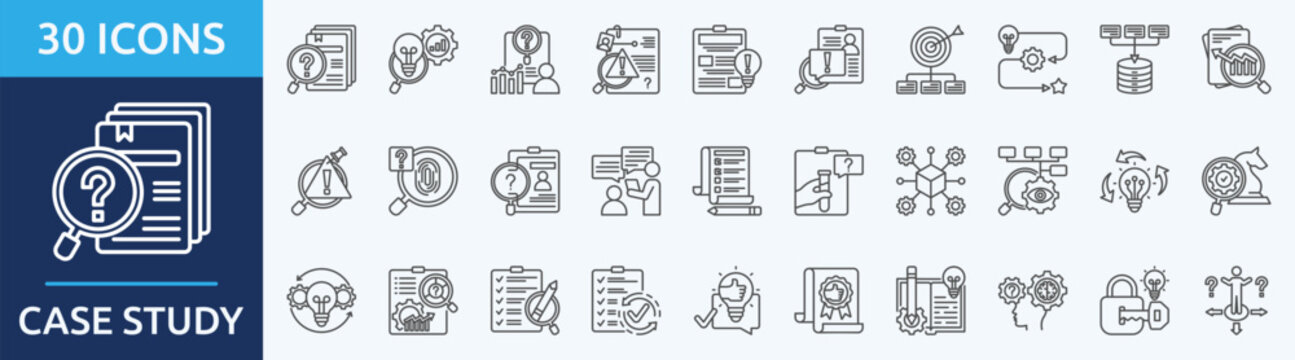 CASE STUDY - Icon Collection. Thin outline Set contains such Icons as research, analysis, investigation, problem statement and more. Simple web icons set
