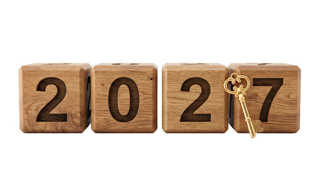 Wooden blocks displaying year 2027 with golden key with four wooden cube on transparent background