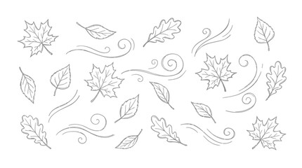 Fototapeta premium Collection of hand drawn autumn leaves with wind swirls in minimalist line art style on white background, perfect for seasonal greeting cards, botanical illustrations and nature themed branding