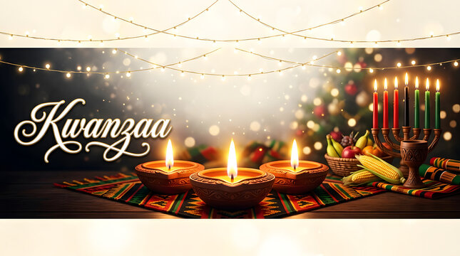 Kwanzaa celebration with kinara candles and traditional decorations on a wooden table