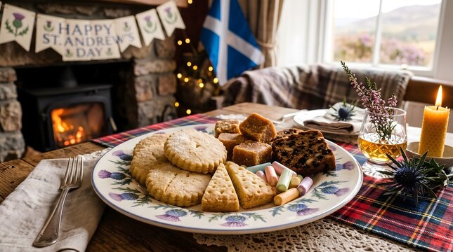 Traditional Scottish shortbread and cakes served on a festive table with a cozy fireplace in the background, celebrating St. Andrews Day.