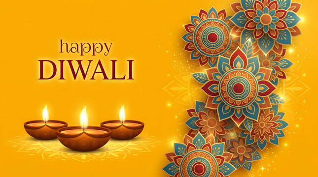 Happy Diwali greeting card with traditional oil lamps and decorative floral mandala art