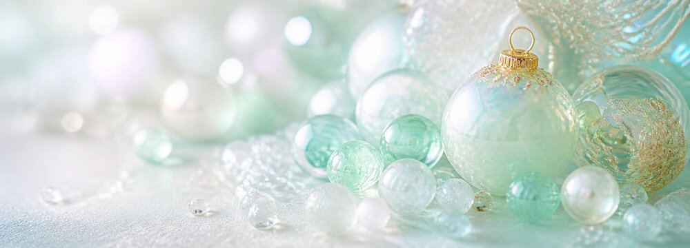 Beautiful christmas composition with delicate mint green and white glass ornaments and baubles, soft focus, festive holiday background with elegant sparkling light and bokeh effects