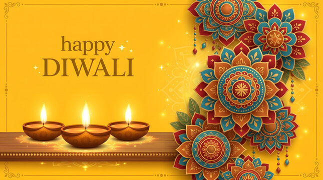 Happy Diwali greeting card with glowing oil lamps and traditional mandala floral patterns