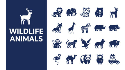 Naklejka premium Wildlife animal icon set featuring various exotic species in a professional flat vector graphic design for web and mobile applications