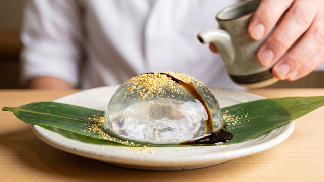 Pouring black sugar syrup over Japanese raindrop cake mizu shingen mochi.