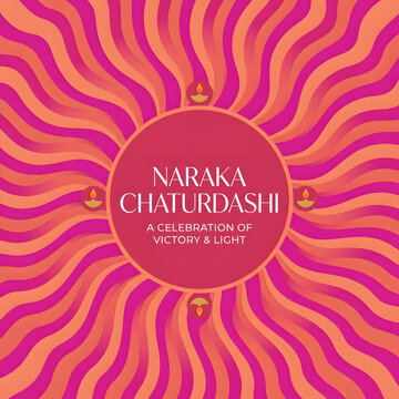 Naraka Chaturdashi festival greeting card with diya lamps and vibrant radial sunburst pattern