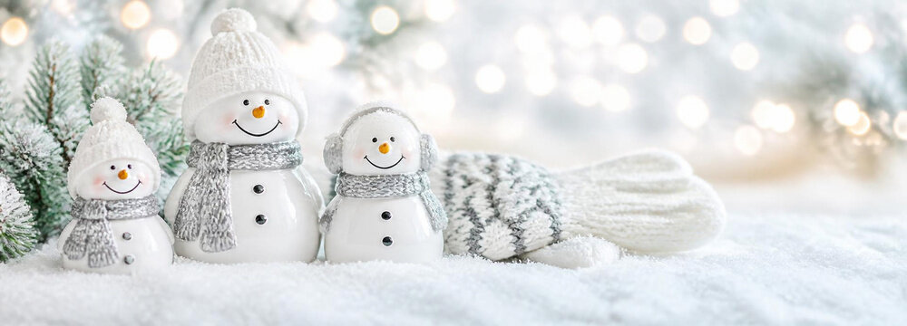 Three cute ceramic snowmen figurines with scarves and hats standing on snow with a soft blurred festive background with bokeh lights, christmas holiday decoration concept