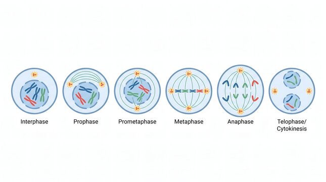 Scientific Illustration of Mitosis Stages Including Interphase Prophase Metaphase and Anaphase