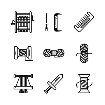 Weaving and textile craft line icon set